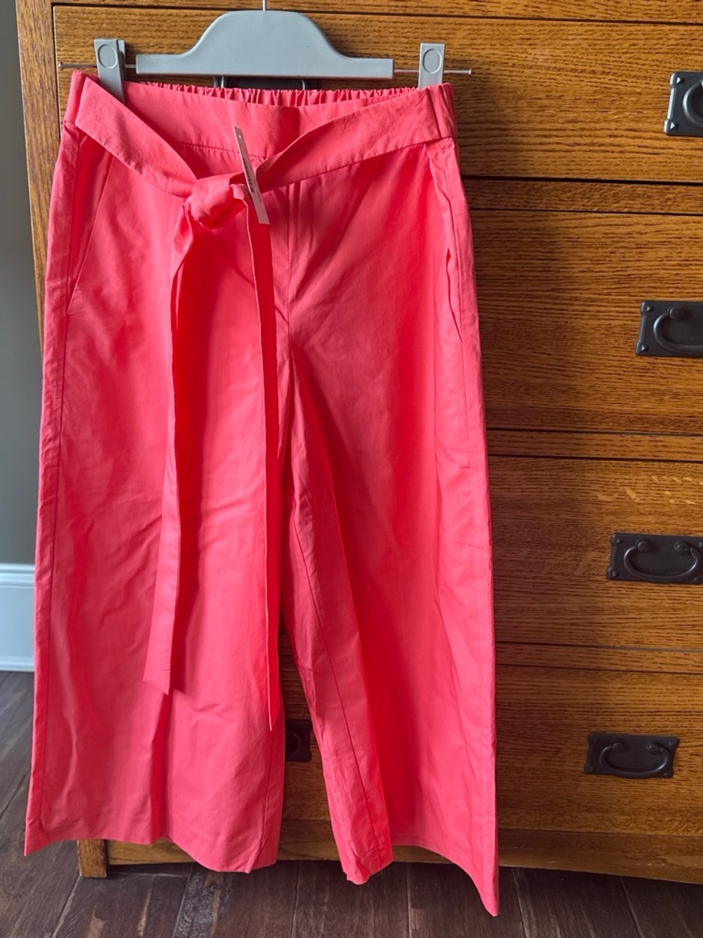 Bright Coral Wide-Leg Tie-Waist Pants